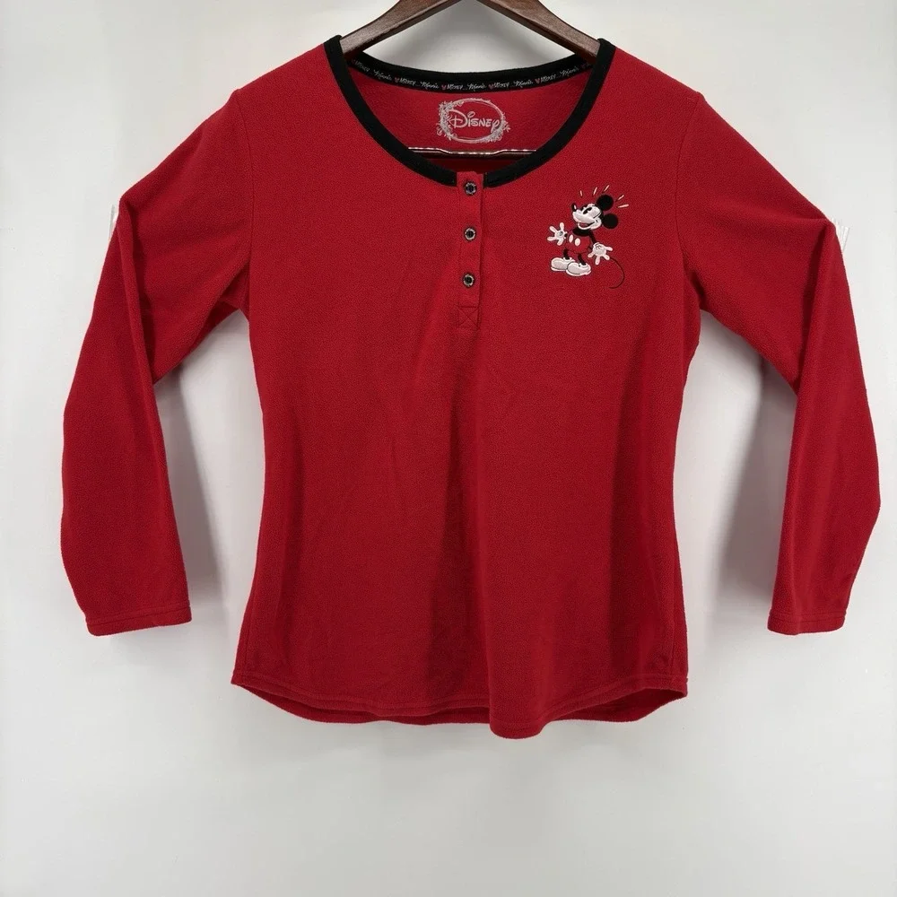 Disney Mickey Mouse Sleepwear Velvet‎ Velour Top Size XL Red Buttons Long Sleeve